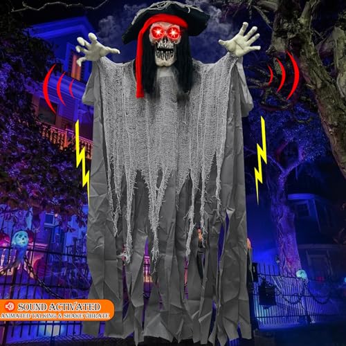 [ Sound Activated & Large ] 70 Inch Halloween Animatronic Hanging Talking Pirate Ghost Decoration Light up Eyes Shake Life Size Skull Skeleton Halloween Decor Outdoor Haunted House Prop Yard Party