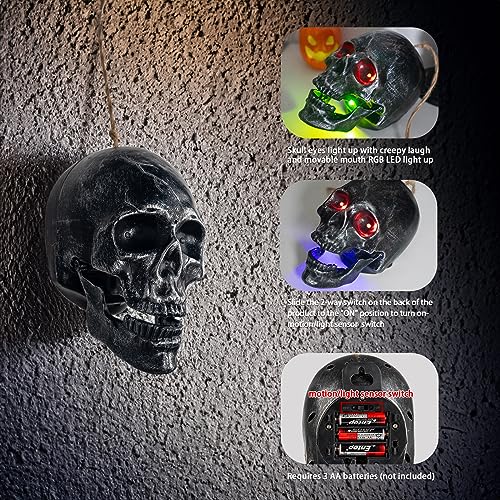 Halloween Skull Heads - Animated Floating Hanging Skeleton Decorations with Creepy Voice, Light Up Eyes, Scary Motion Haunted Horror Prop for Indoor/Outdoor
