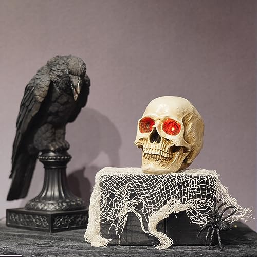 Braxio Skeleton Skull Decor Halloween Lights - Resin Skull Statues with Red Led Lights Gothic Decor for Day of The Dead Room Decor Aesthetic Indoor Figurine Lamps 3.5 * 5 * 4.5 Inch