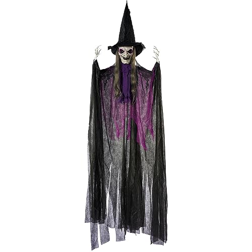 JOYIN 72” Halloween Animated Hanging Talking Witch Light-up Eyes, Creepy Sound Activated Hanging Animatronic Witch Halloween Decorations Outside Indoor Haunted House