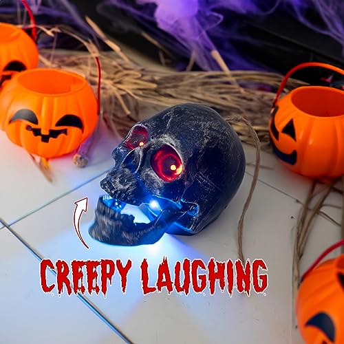 Halloween Skull Heads - Animated Floating Hanging Skeleton Decorations with Creepy Voice, Light Up Eyes, Scary Motion Haunted Horror Prop for Indoor/Outdoor