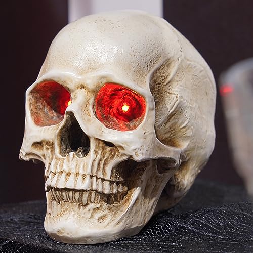 Braxio Skeleton Skull Decor Halloween Lights - Resin Skull Statues with Red Led Lights Gothic Decor for Day of The Dead Room Decor Aesthetic Indoor Figurine Lamps 3.5 * 5 * 4.5 Inch