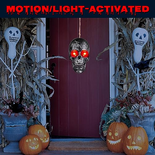 Halloween Skull Heads - Animated Floating Hanging Skeleton Decorations with Creepy Voice, Light Up Eyes, Scary Motion Haunted Horror Prop for Indoor/Outdoor