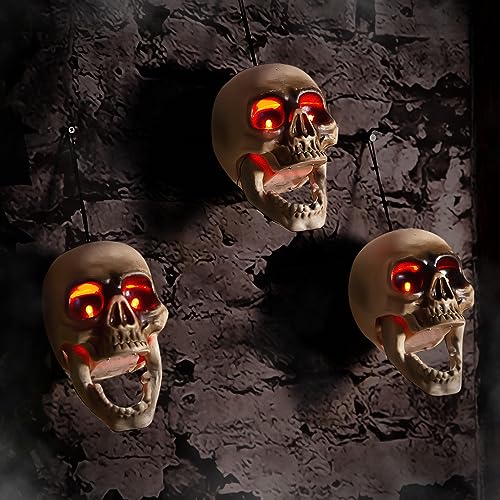 Halloween floating hanging skull heads - Animated Skeleton Decorations with Sound Activated, Creepy Voice, Spooky Skull head, Light Up Eyes, Scary Motion Haunted Horror Prop for Indoor/Outdoor
