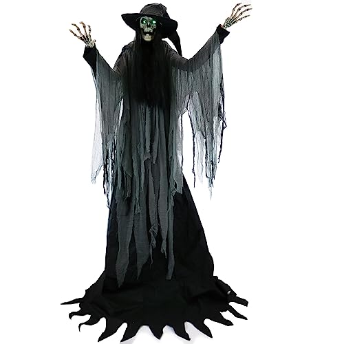 Haunted Hill Farm 7.5-Ft. Tall Macabre Skeleton Witch, Motion-Activated Talking Halloween Animatronic for Indoor or Covered Outdoor Creepy Halloween Decorations, Plug-in Creepy Halloween Props