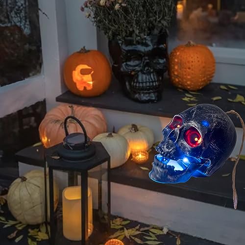 Halloween Skull Heads - Animated Floating Hanging Skeleton Decorations with Creepy Voice, Light Up Eyes, Scary Motion Haunted Horror Prop for Indoor/Outdoor