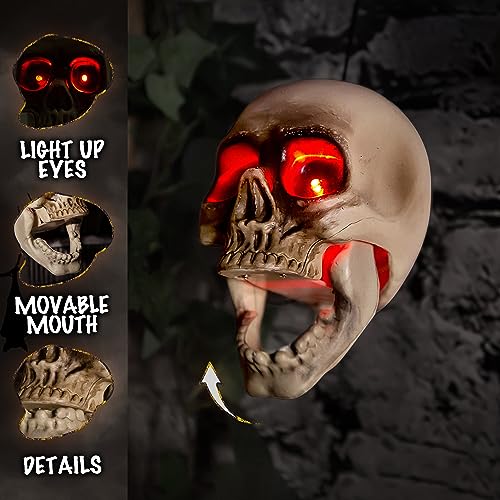 Halloween floating hanging skull heads - Animated Skeleton Decorations with Sound Activated, Creepy Voice, Spooky Skull head, Light Up Eyes, Scary Motion Haunted Horror Prop for Indoor/Outdoor