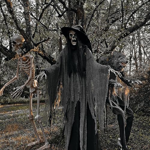 Haunted Hill Farm 7.5-Ft. Tall Macabre Skeleton Witch, Motion-Activated Talking Halloween Animatronic for Indoor or Covered Outdoor Creepy Halloween Decorations, Plug-in Creepy Halloween Props