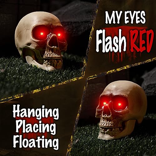 Halloween floating hanging skull heads - Animated Skeleton Decorations with Sound Activated, Creepy Voice, Spooky Skull head, Light Up Eyes, Scary Motion Haunted Horror Prop for Indoor/Outdoor