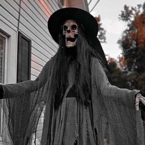 Haunted Hill Farm 7.5-Ft. Tall Macabre Skeleton Witch, Motion-Activated Talking Halloween Animatronic for Indoor or Covered Outdoor Creepy Halloween Decorations, Plug-in Creepy Halloween Props