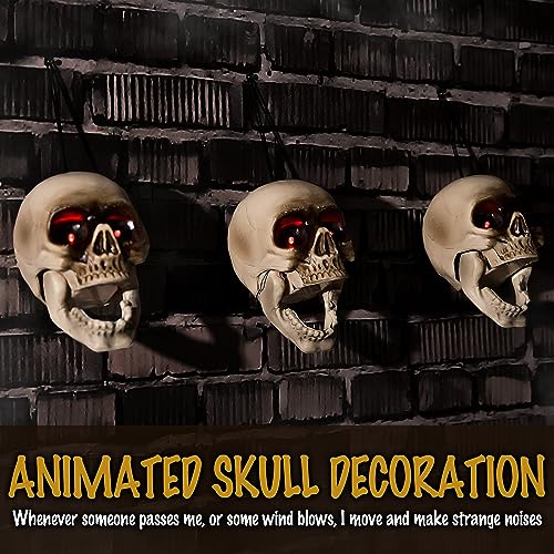 Halloween floating hanging skull heads - Animated Skeleton Decorations with Sound Activated, Creepy Voice, Spooky Skull head, Light Up Eyes, Scary Motion Haunted Horror Prop for Indoor/Outdoor