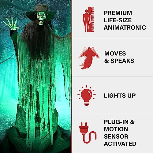 Haunted Hill Farm 7.5-Ft. Tall Macabre Skeleton Witch, Motion-Activated Talking Halloween Animatronic for Indoor or Covered Outdoor Creepy Halloween Decorations, Plug-in Creepy Halloween Props