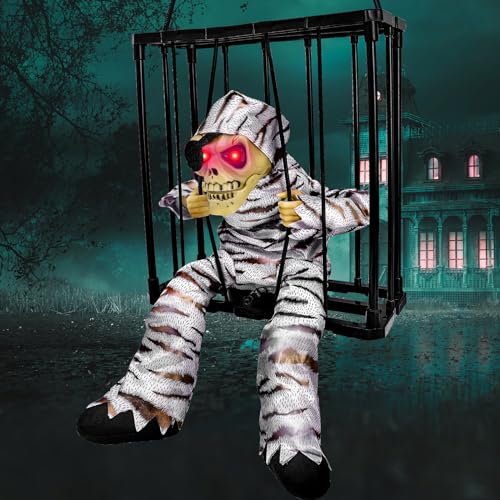 MGparty Halloween Hanging Ghosts Halloween Decor Prop with Motion Sensor Scary Skull Cage Prisoner Spooky Hanging Ghost Light Up Eyes (Stripe)
