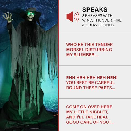 Haunted Hill Farm 7.5-Ft. Tall Macabre Skeleton Witch, Motion-Activated Talking Halloween Animatronic for Indoor or Covered Outdoor Creepy Halloween Decorations, Plug-in Creepy Halloween Props