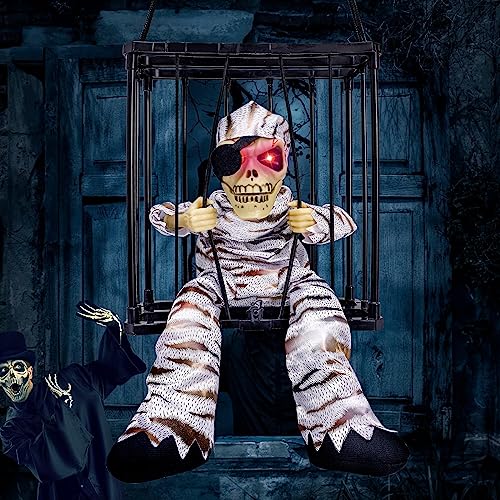 MGparty Halloween Hanging Ghosts Halloween Decor Prop with Motion Sensor Scary Skull Cage Prisoner Spooky Hanging Ghost Light Up Eyes (Stripe)