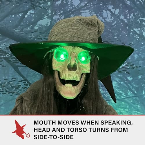 Haunted Hill Farm 7.5-Ft. Tall Macabre Skeleton Witch, Motion-Activated Talking Halloween Animatronic for Indoor or Covered Outdoor Creepy Halloween Decorations, Plug-in Creepy Halloween Props