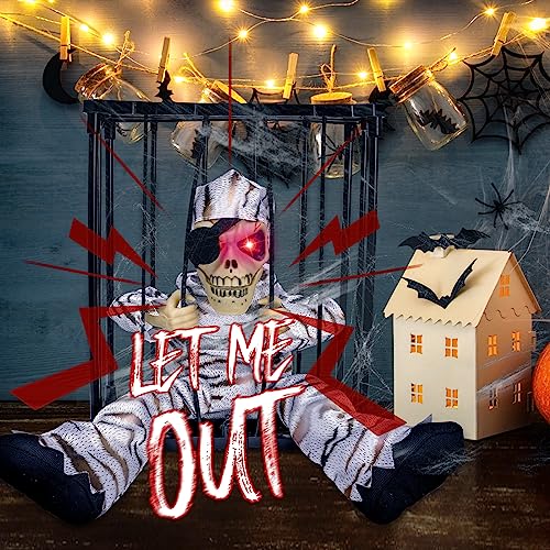 MGparty Halloween Hanging Ghosts Halloween Decor Prop with Motion Sensor Scary Skull Cage Prisoner Spooky Hanging Ghost Light Up Eyes (Stripe)