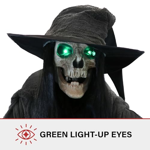 Haunted Hill Farm 7.5-Ft. Tall Macabre Skeleton Witch, Motion-Activated Talking Halloween Animatronic for Indoor or Covered Outdoor Creepy Halloween Decorations, Plug-in Creepy Halloween Props