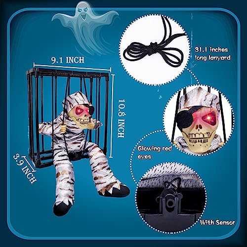 MGparty Halloween Hanging Ghosts Halloween Decor Prop with Motion Sensor Scary Skull Cage Prisoner Spooky Hanging Ghost Light Up Eyes (Stripe)