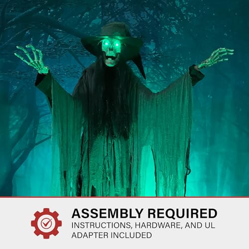 Haunted Hill Farm 7.5-Ft. Tall Macabre Skeleton Witch, Motion-Activated Talking Halloween Animatronic for Indoor or Covered Outdoor Creepy Halloween Decorations, Plug-in Creepy Halloween Props