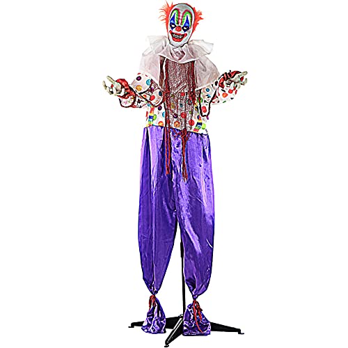 Haunted Hill Farm Life-Size Scary Animatronic Talking Clown with Motion, Touch Activated Lights, and Sounds, Indoor or Covered Outdoor Halloween Decorations, Battery Operated Halloween Prop