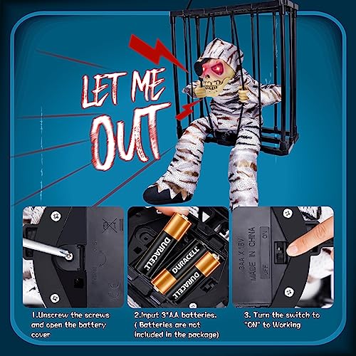 MGparty Halloween Hanging Ghosts Halloween Decor Prop with Motion Sensor Scary Skull Cage Prisoner Spooky Hanging Ghost Light Up Eyes (Stripe)