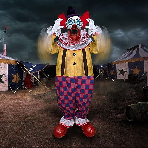 Haunted Hill Farm Motion-Activated Startling Arms Clown by Tekky, Talking Scare Prop Halloween Animatronic for Indoor or Covered Outdoor Creepy Halloween Decorations, Plug-in or Battery Operated