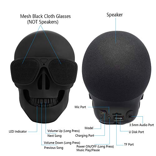 DORNLAT Skull Bluetooth Speakers, Portable Wireless Speaker Built-in Mic, Cool Creative Design Bass Stereo Speaker for Halloween, Party, Travel, Outdoor, Home Decor, Support TF/U Disk/AUX