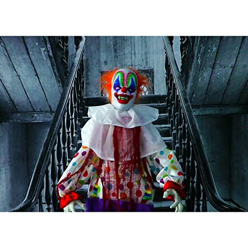 Haunted Hill Farm Life-Size Scary Animatronic Talking Clown with Motion, Touch Activated Lights, and Sounds, Indoor or Covered Outdoor Halloween Decorations, Battery Operated Halloween Prop