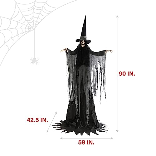 Haunted Hill Farm 7.5-Ft. Tall Macabre Skeleton Witch, Motion-Activated Talking Halloween Animatronic for Indoor or Covered Outdoor Creepy Halloween Decorations, Plug-in Creepy Halloween Props