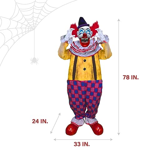 Haunted Hill Farm Motion-Activated Startling Arms Clown by Tekky, Talking Scare Prop Halloween Animatronic for Indoor or Covered Outdoor Creepy Halloween Decorations, Plug-in or Battery Operated