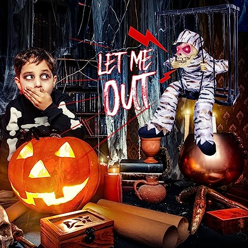 MGparty Halloween Hanging Ghosts Halloween Decor Prop with Motion Sensor Scary Skull Cage Prisoner Spooky Hanging Ghost Light Up Eyes (Stripe)