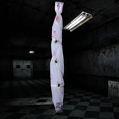 Cocoon Corpse Decorations,Motion Sensored,Voice and Touch-Activated Animated Hanging Props with LED Glowing Skull Eyes and Creepy Sound for Party Graveyard Haunted House Décor - 6 Ft