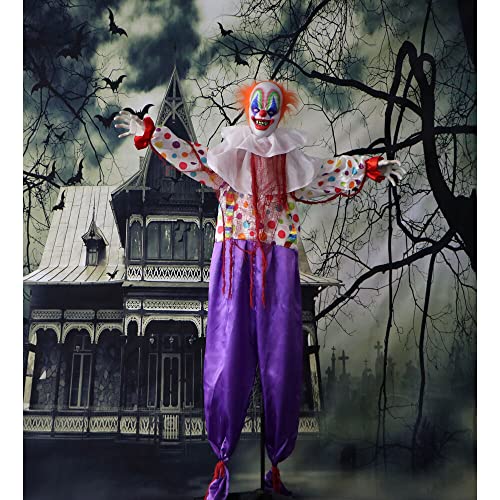 Haunted Hill Farm Life-Size Scary Animatronic Talking Clown with Motion, Touch Activated Lights, and Sounds, Indoor or Covered Outdoor Halloween Decorations, Battery Operated Halloween Prop