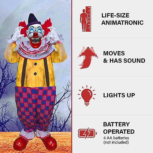 Haunted Hill Farm Motion-Activated Startling Arms Clown by Tekky, Talking Scare Prop Halloween Animatronic for Indoor or Covered Outdoor Creepy Halloween Decorations, Plug-in or Battery Operated