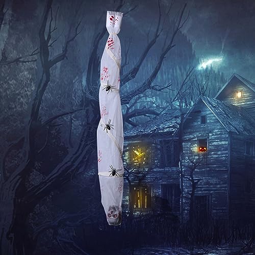Cocoon Corpse Decorations,Motion Sensored,Voice and Touch-Activated Animated Hanging Props with LED Glowing Skull Eyes and Creepy Sound for Party Graveyard Haunted House Décor - 6 Ft