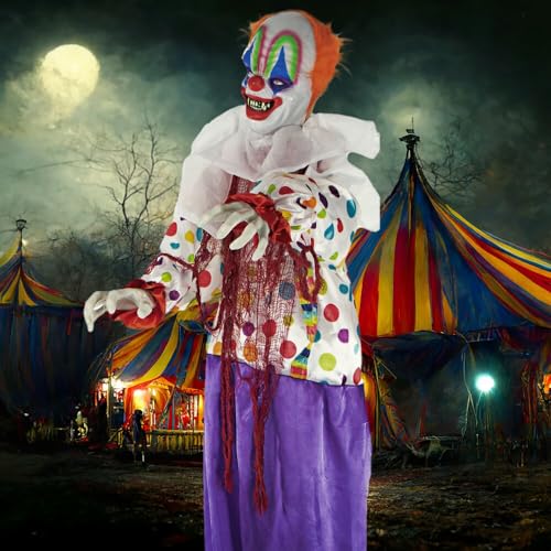 Haunted Hill Farm Life-Size Scary Animatronic Talking Clown with Motion, Touch Activated Lights, and Sounds, Indoor or Covered Outdoor Halloween Decorations, Battery Operated Halloween Prop
