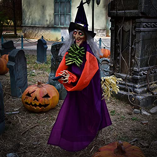 49 Inches Halloween Hanging Animated Witch with Light-up Eyes and Scary Sound Effects, Design with Motion and Sound Activation Function for Halloween Prop Décor, Outdoor, Indoor, Haunted House