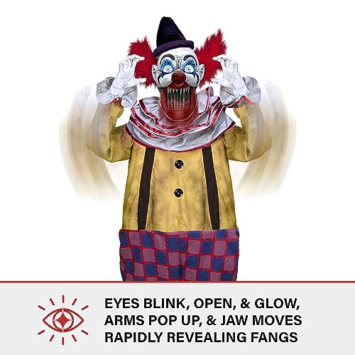 Haunted Hill Farm Motion-Activated Startling Arms Clown by Tekky, Talking Scare Prop Halloween Animatronic for Indoor or Covered Outdoor Creepy Halloween Decorations, Plug-in or Battery Operated
