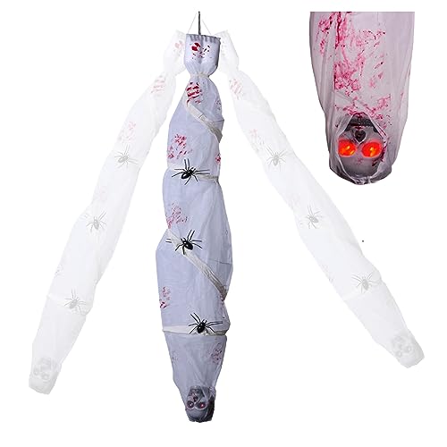 Cocoon Corpse Decorations,Motion Sensored,Voice and Touch-Activated Animated Hanging Props with LED Glowing Skull Eyes and Creepy Sound for Party Graveyard Haunted House Décor - 6 Ft