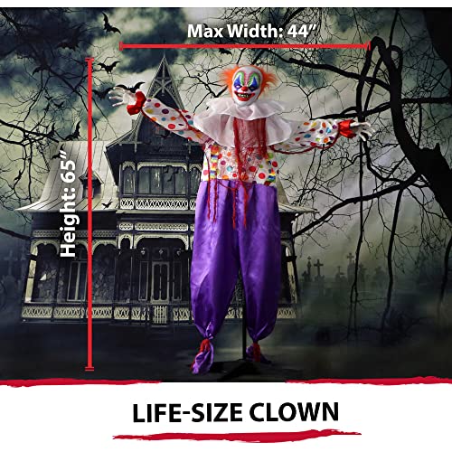 Haunted Hill Farm Life-Size Scary Animatronic Talking Clown with Motion, Touch Activated Lights, and Sounds, Indoor or Covered Outdoor Halloween Decorations, Battery Operated Halloween Prop
