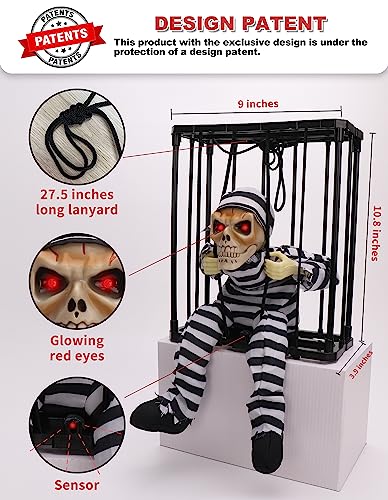 Screaming Animated Halloween Decorations, Halloween Decor Prop with Motion Sensor, Scary Skull Cage Prisoner Haunted House Decor, Spooky Hanging Ghost Light Up Eyes Decorations
