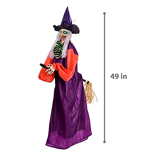 49 Inches Halloween Hanging Animated Witch with Light-up Eyes and Scary Sound Effects, Design with Motion and Sound Activation Function for Halloween Prop Décor, Outdoor, Indoor, Haunted House