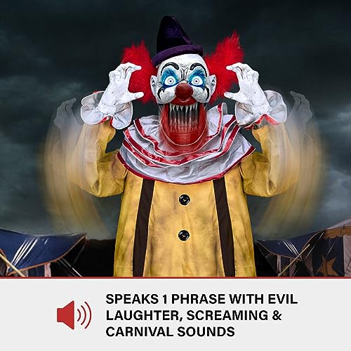 Haunted Hill Farm Motion-Activated Startling Arms Clown by Tekky, Talking Scare Prop Halloween Animatronic for Indoor or Covered Outdoor Creepy Halloween Decorations, Plug-in or Battery Operated