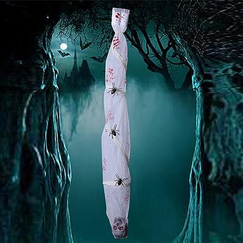 Cocoon Corpse Decorations,Motion Sensored,Voice and Touch-Activated Animated Hanging Props with LED Glowing Skull Eyes and Creepy Sound for Party Graveyard Haunted House Décor - 6 Ft