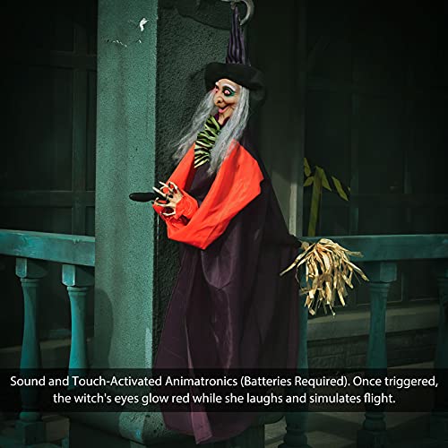 49 Inches Halloween Hanging Animated Witch with Light-up Eyes and Scary Sound Effects, Design with Motion and Sound Activation Function for Halloween Prop Décor, Outdoor, Indoor, Haunted House