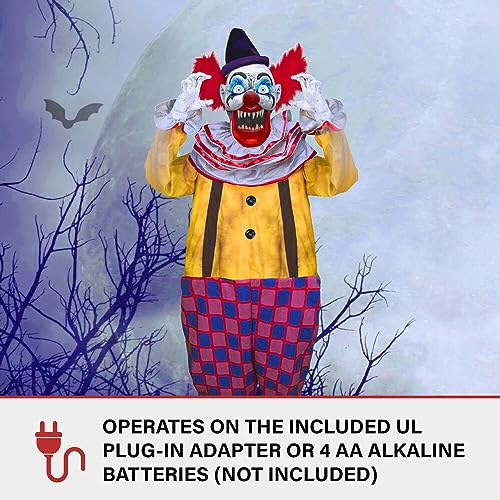 Haunted Hill Farm Motion-Activated Startling Arms Clown by Tekky, Talking Scare Prop Halloween Animatronic for Indoor or Covered Outdoor Creepy Halloween Decorations, Plug-in or Battery Operated