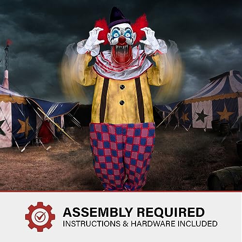 Haunted Hill Farm Motion-Activated Startling Arms Clown by Tekky, Talking Scare Prop Halloween Animatronic for Indoor or Covered Outdoor Creepy Halloween Decorations, Plug-in or Battery Operated