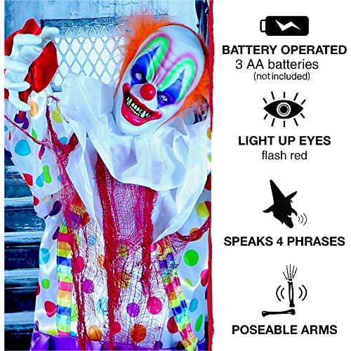 Haunted Hill Farm Life-Size Scary Animatronic Talking Clown with Motion, Touch Activated Lights, and Sounds, Indoor or Covered Outdoor Halloween Decorations, Battery Operated Halloween Prop