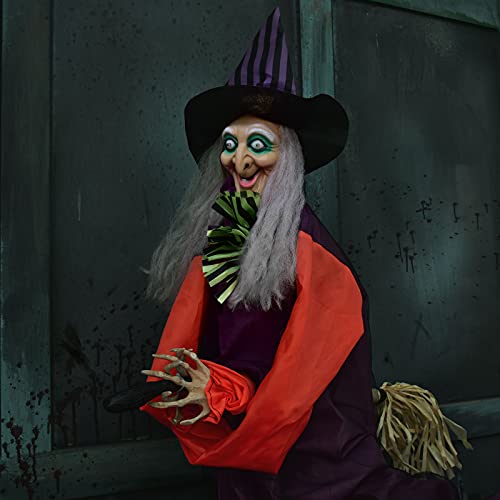 49 Inches Halloween Hanging Animated Witch with Light-up Eyes and Scary Sound Effects, Design with Motion and Sound Activation Function for Halloween Prop Décor, Outdoor, Indoor, Haunted House